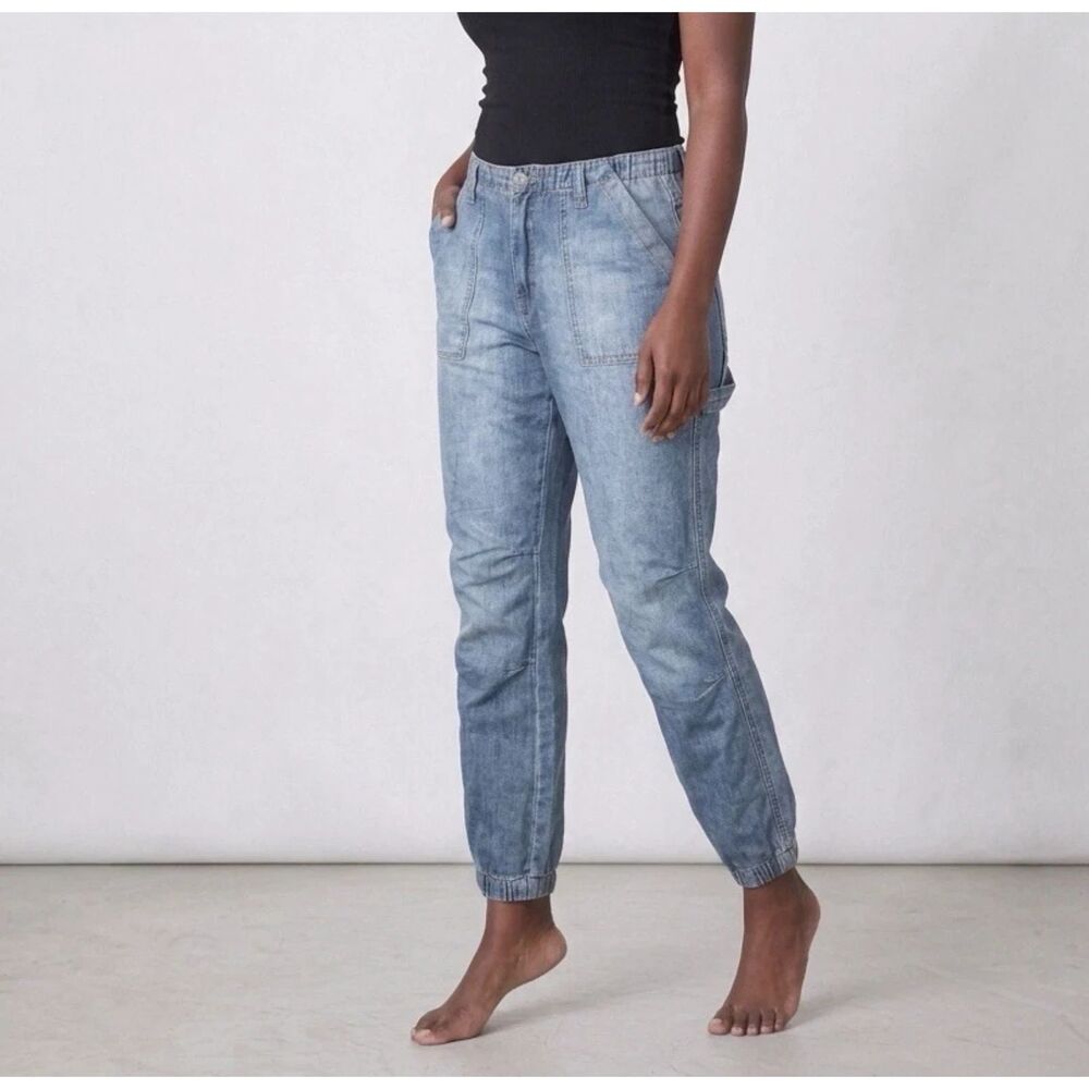 Rebecca Minkoff Denim Jogger Pants Womens L  Patch Pocket Cotton Relaxed Casual